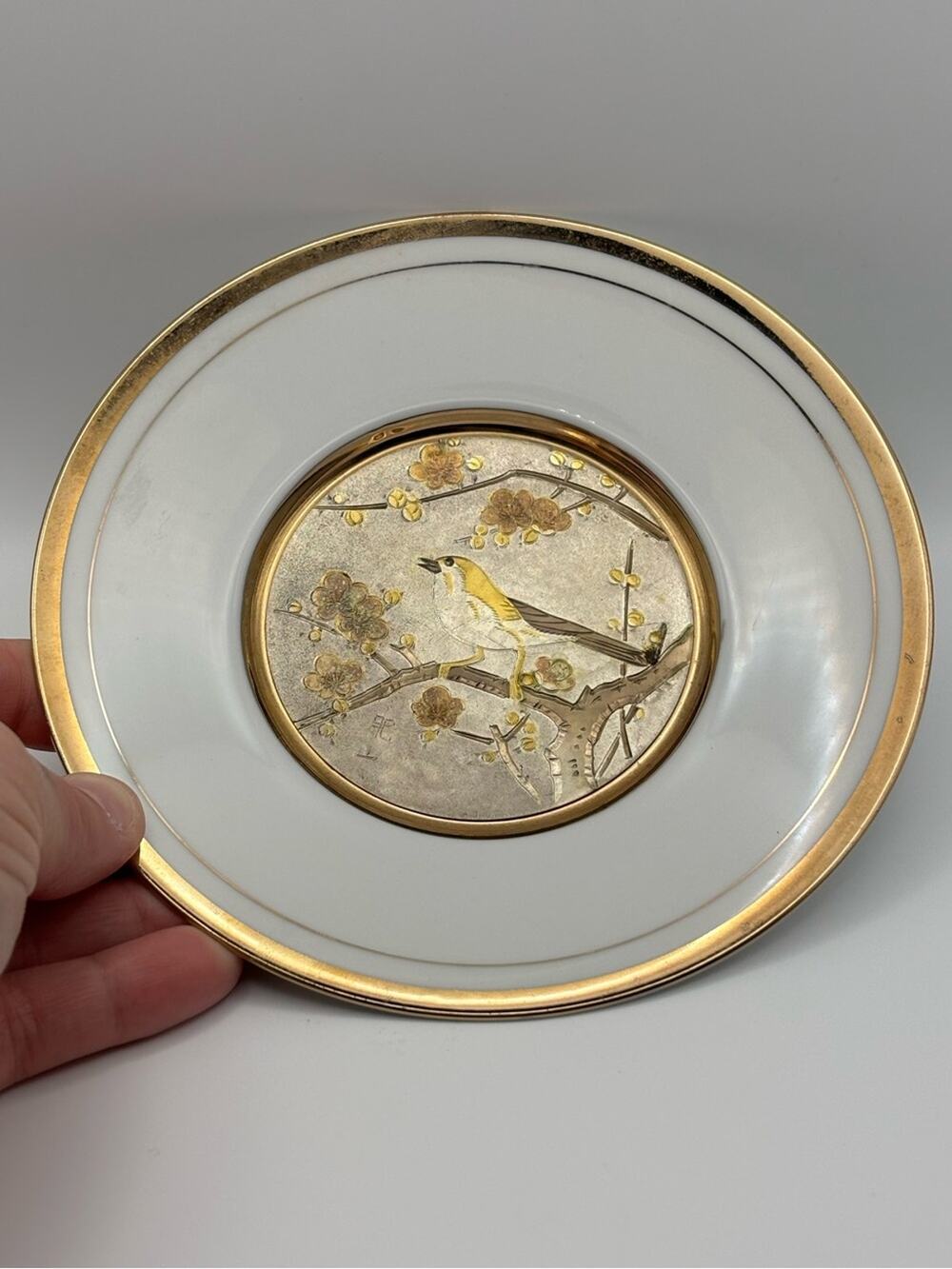 Vintage Japanese "Art of Chokin" Decorative Plate with Bird and Floral Motif
